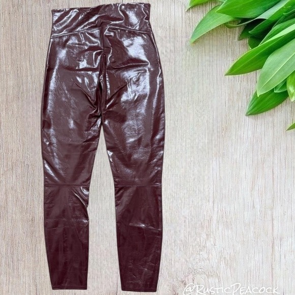 Spanx Leggings Ruby Women's Large Red Brown Faux Patent Leather High Rise Pants - Picture 3 of 9